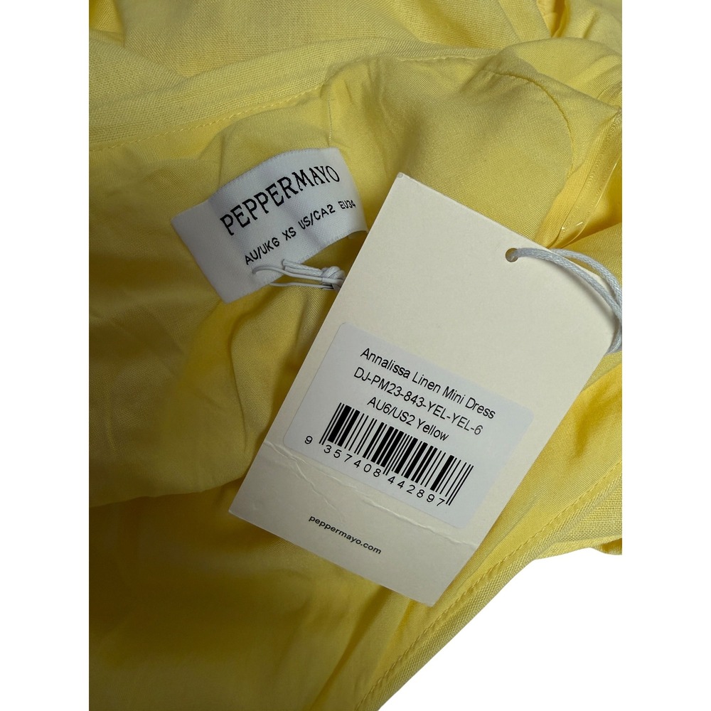 NWT Peppermayo Annalissa Linen Mini Dress Women's 2 Yellow One Shoulder Ruched - Picture 7 of 7